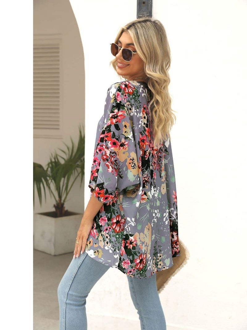 BB&KK Women's Summer Tops Plus Size 2023 Cute Business Casual Outfits Dressy Kimono Cardigans Chiffon Floral Small Deep Gray - Image 3